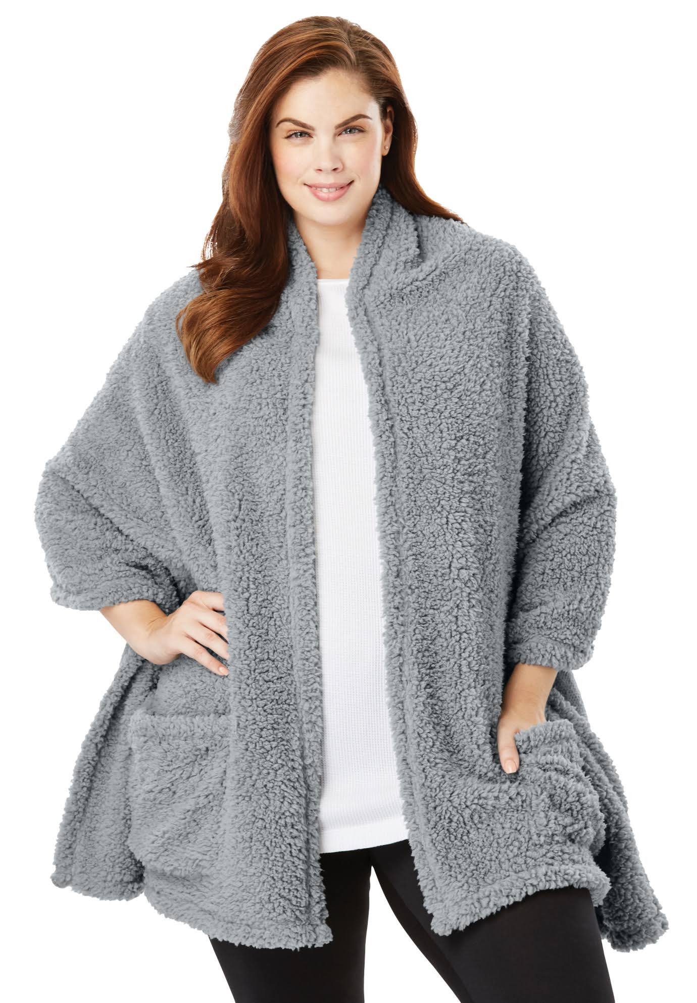 Dreams & Co. Womens Plus Size Drape-Over Faux Shearling Wrap, 1X/2X - Plum Burst