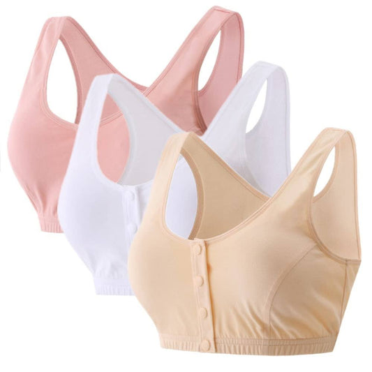 MIXZONES 3pack Middle-aged Elder Woman Floral Wirefree Bra Front Button Closeure Soft Cotton Bra for Mom Grandma Gift Bra