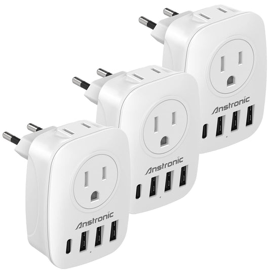 [3-pack] European Travel Plug Adapter, Anstronic International Power Adaptor with 2AC Outlets & 3USB-A & 1USB-C Charger from USA to Most of Europe