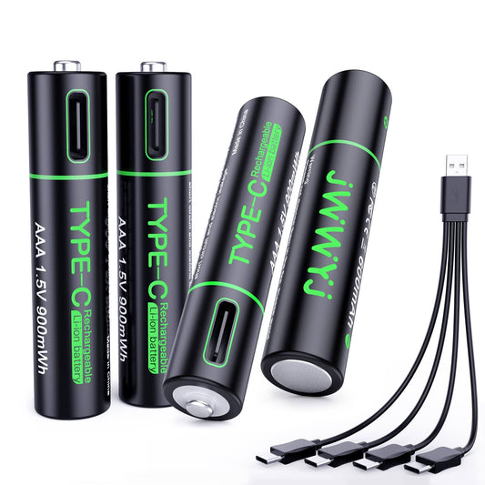 Lithium Rechargeable Batteries - 4Pack Smart Rechargeable AAA Batteries by JWWYJ,Lithium Ion 1.5v 900mWh, 600 mAH, Type C Battery Charging Cable,