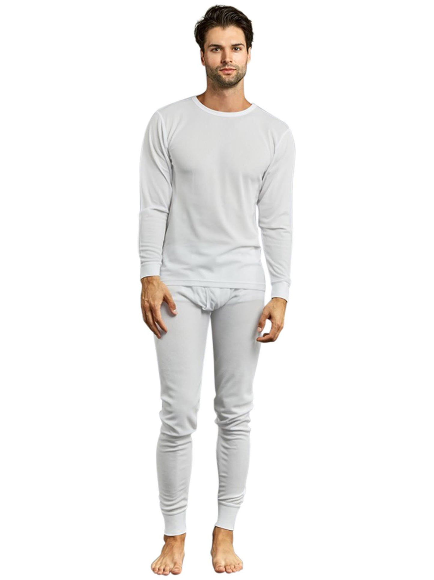 Luxury Divas Mens Thermal Crew Neck Top & Bottoms Long Johns Underwear Set - White - Large