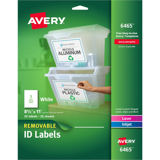 Avery Removable Inkjet/Laser ID Labels 8-1/2 x 11 White 25/Pack