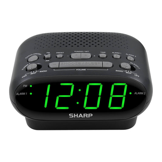 Sharp AM/FM Clock Radio, Wake to Alarm or Radio, Dual Alarms, Easy to Read LED Green Display, Simple to Use, Easy to Read at A Glance