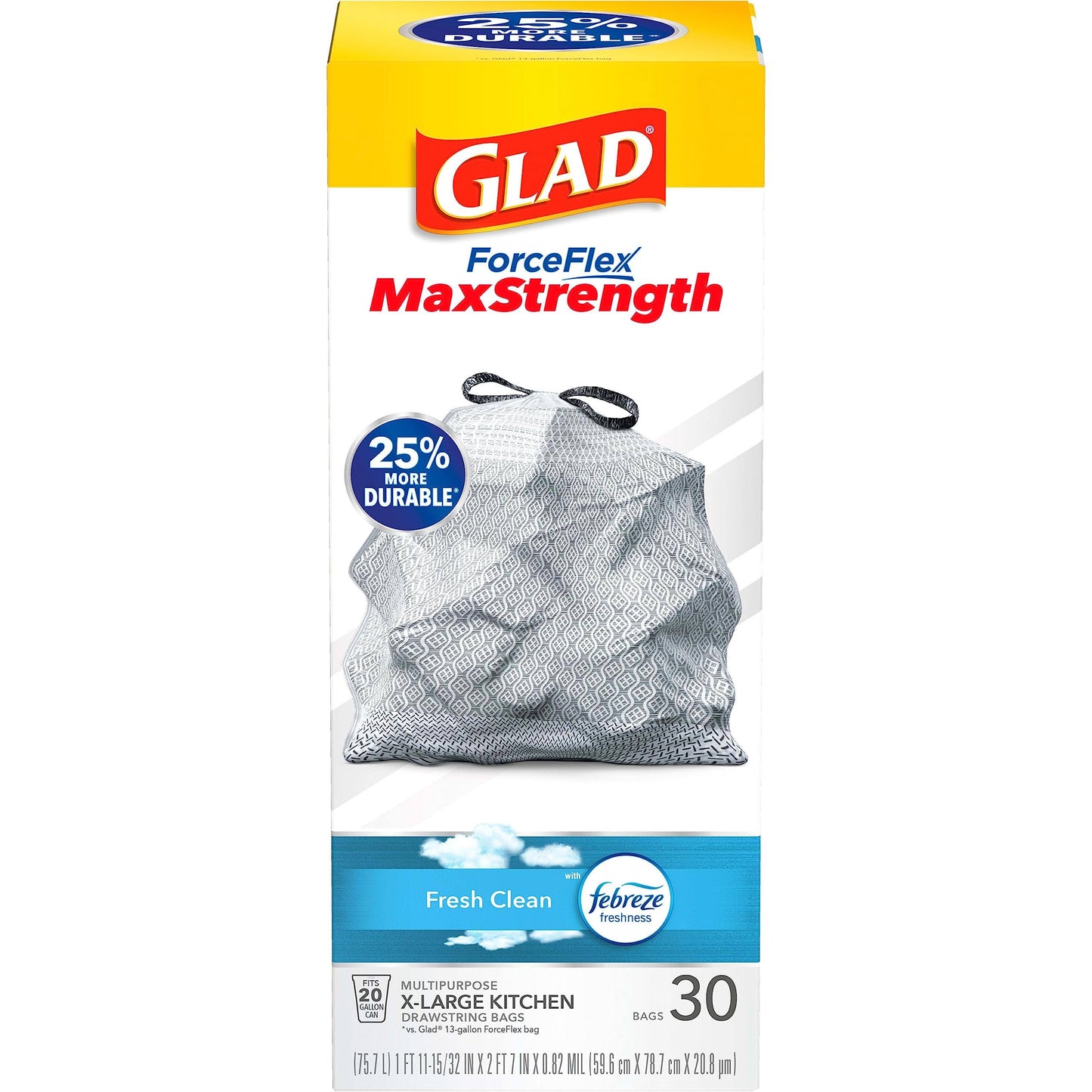 Glad X-Large Kitchen Bags, Drawstring, Multipurpose, Fresh Clean, Force Flex Plus - 30 bags