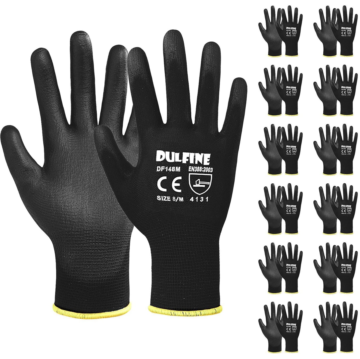 DULFINE Ultra-thin PU Coated Work Gloves-12 Pairs,Excellent Grip,Nylon Shell Black Polyurethane Coated Safety Work Gloves, Knit Wrist Cuff,Ideal for