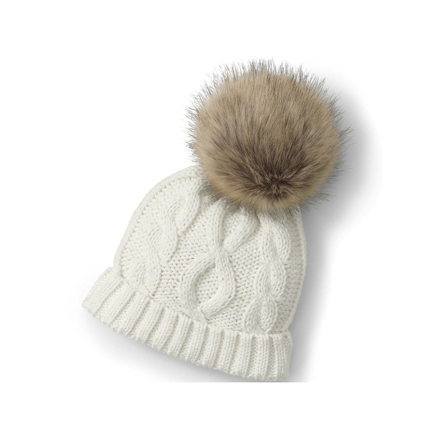 Lands End Girls Faux Fur Pom Hat, Girls, Size: Big Kid XSS, Beige