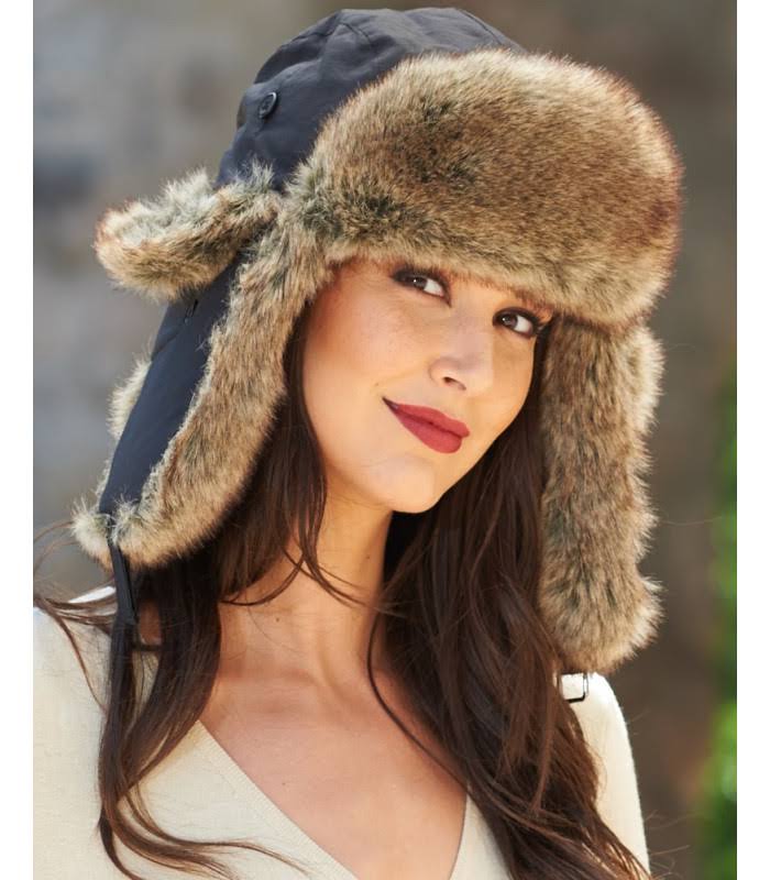 Womens Black Taslon Faux Fur Trapper Hat at Fur Hat World