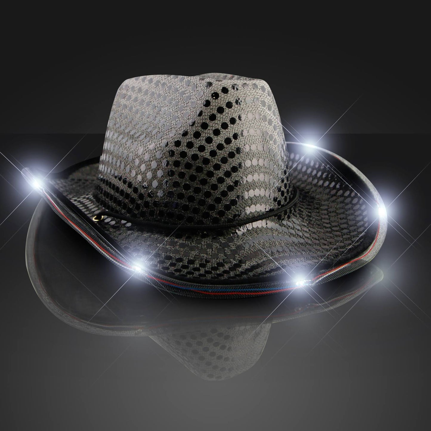 FlashingBlinkyLights Red White and Blue Sequin Light Up LED Cowboy Hat with Brim