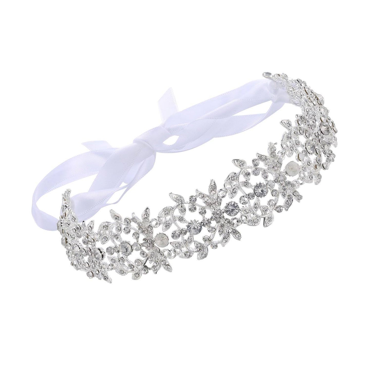 BABEYOND Bridal Handmade Luxury Rhinestone Wedding Party Hairband Hair Band Austrian Crystal Floral Leaf with Lace Ribbon