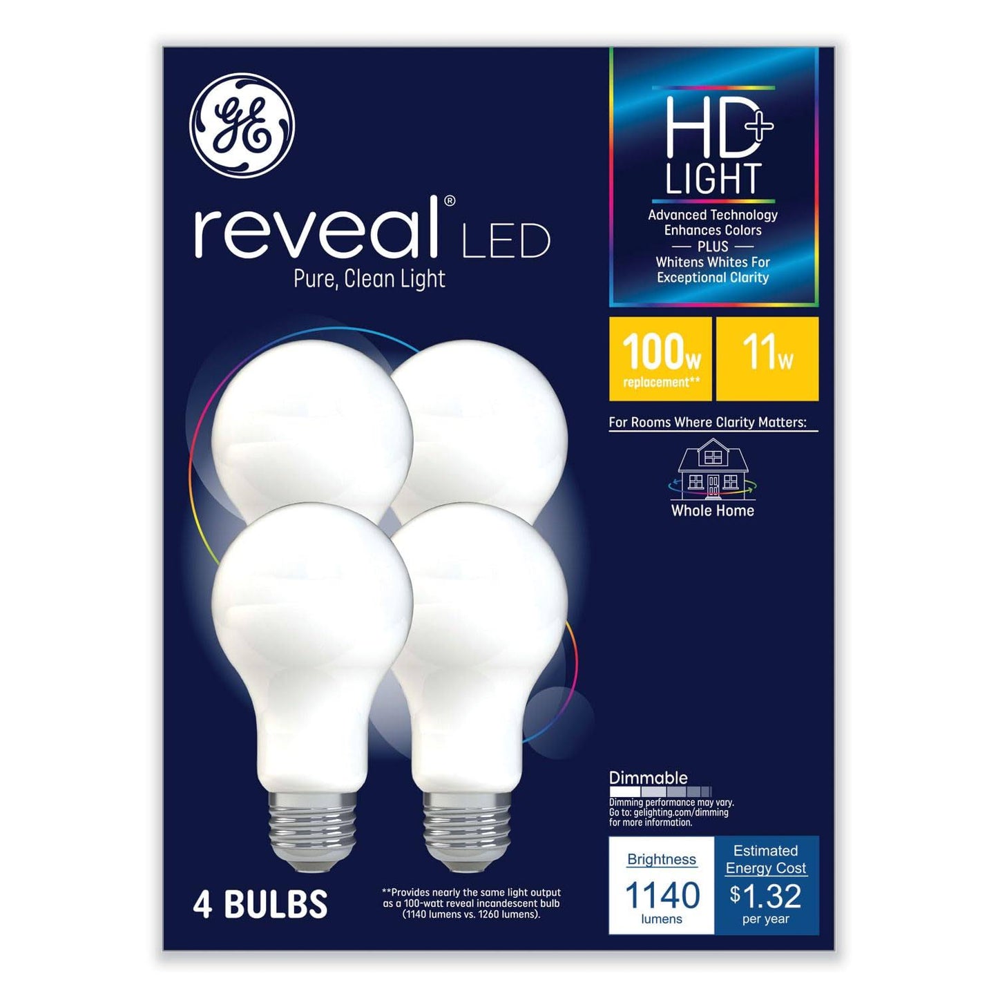 GE 4pk 8 Watts Color Select Warm White or Reveal Medium Base Reveal LED Light Bulbs