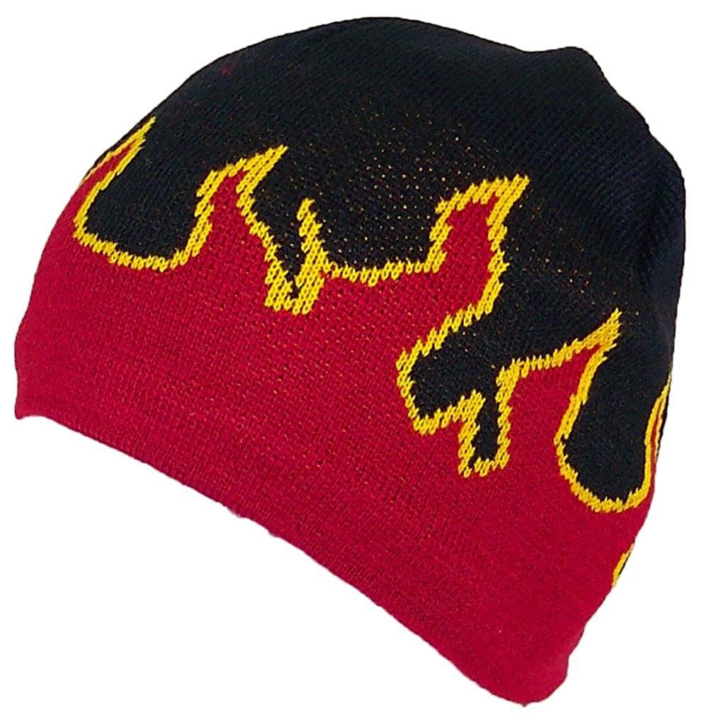 Mega Cap Adult Flames Design Beanie Skull Cap w/Fleece Lining - Black/Red