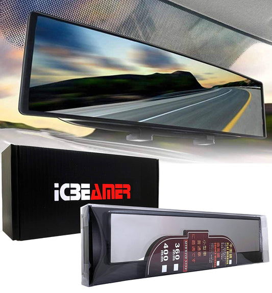 ICBEAMER 15.8 inch 400mm Easy Clip on Wide Angle Panoramic Blind Spot Fit Auto Interior Rearview Mirror Convex Anti-Glare Blue Surface