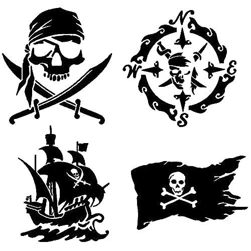 Pirate Decals 4 Pack: Skull and Swords, Pirate Ship, Pirate Flag, Pirate Compass (Black, PiratesONE Small35)