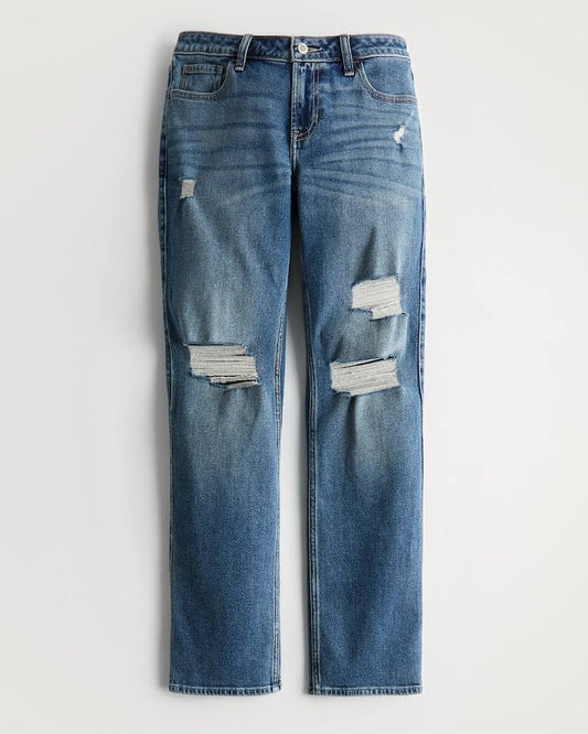 Womens Low-Rise Ripped Light Wash 90s Straight Jeans