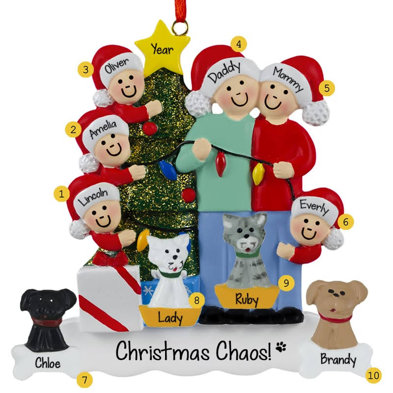 Christmas Couple With 4 Kids And 4 Pets Stringing Lights Personalized Ornament